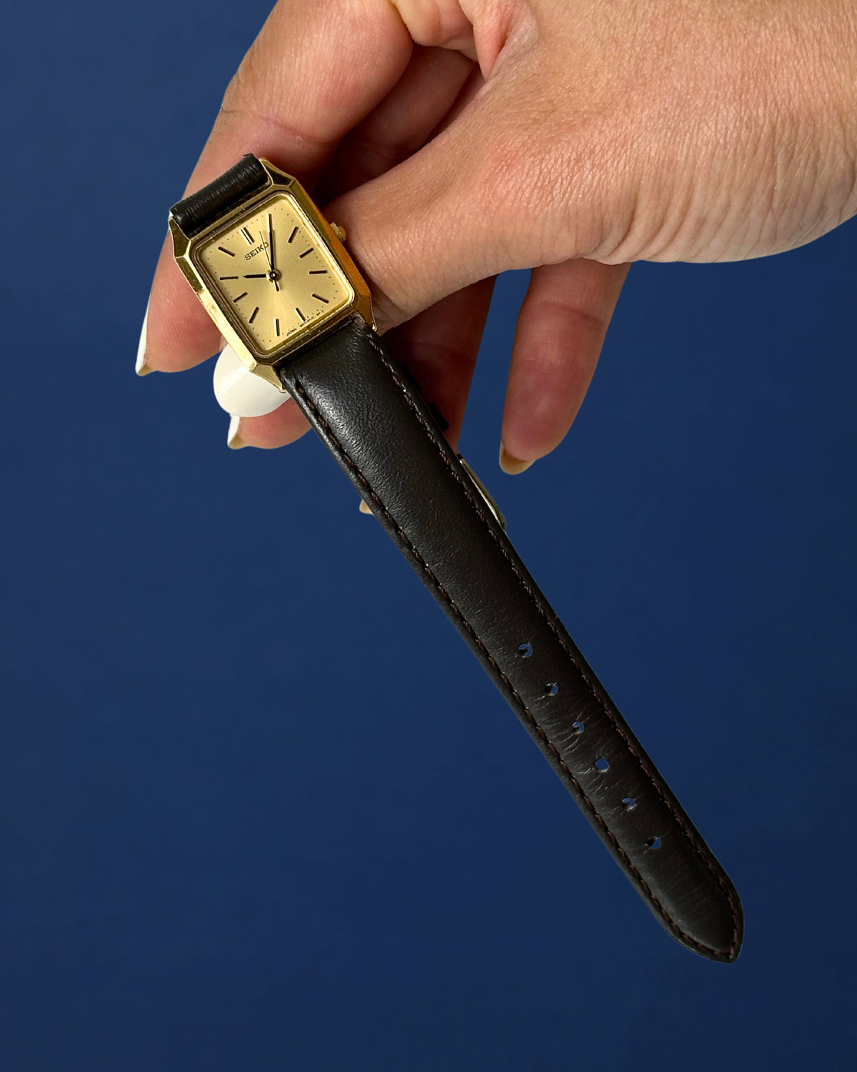 1980s Seiko gold tone square brown leather quartz watch