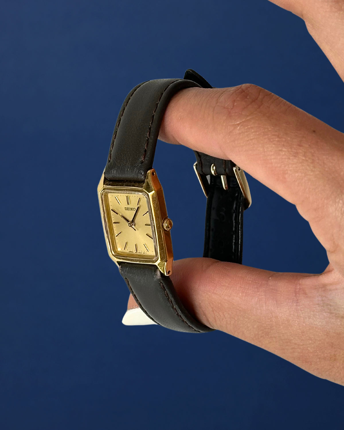 1980s Seiko gold tone square brown leather quartz watch