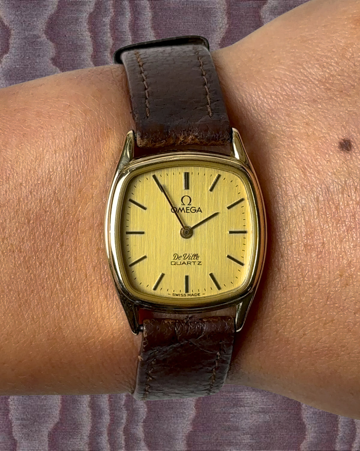 1980s Omega De Ville brown leather quartz watch