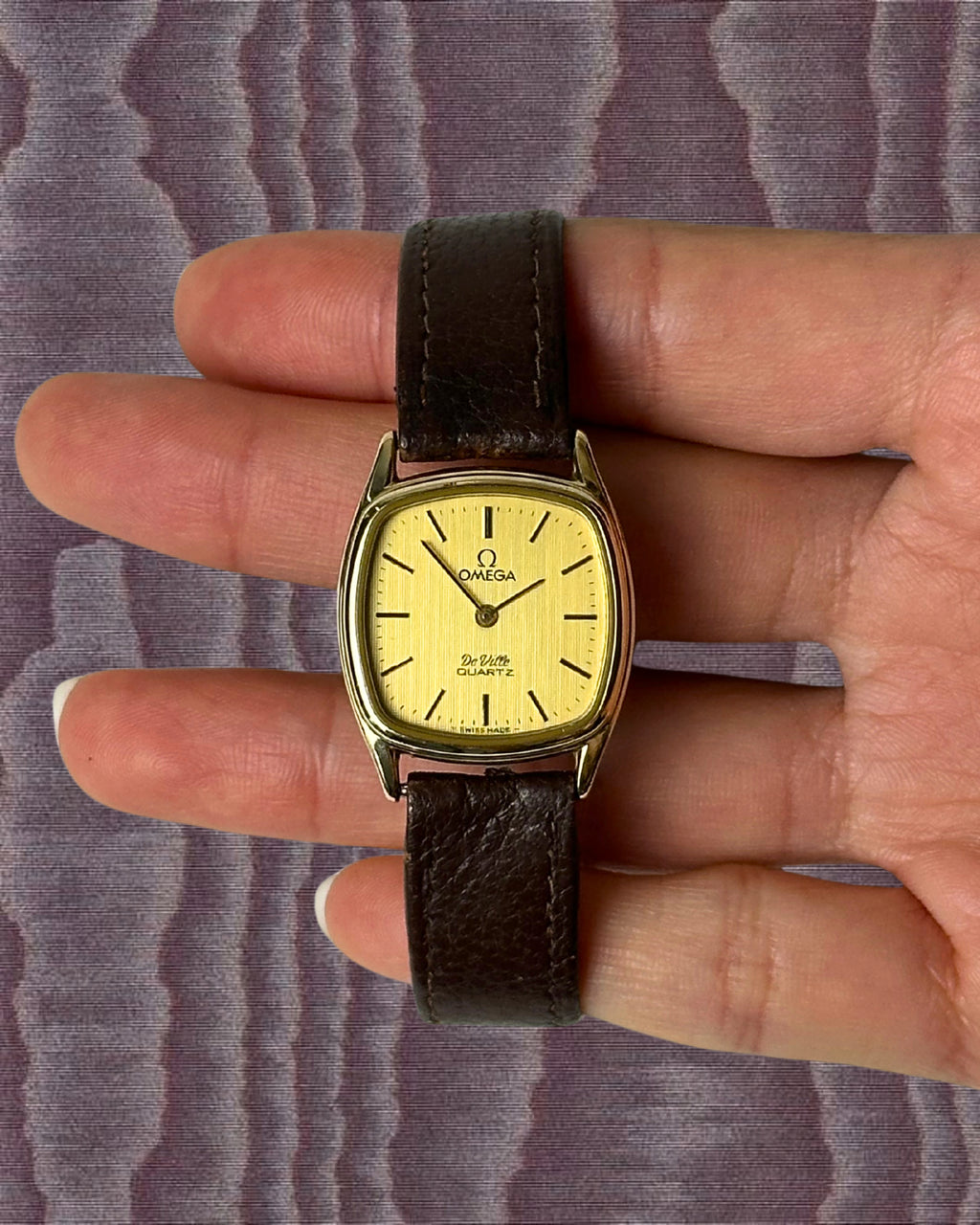 1980s Omega De Ville brown leather quartz watch