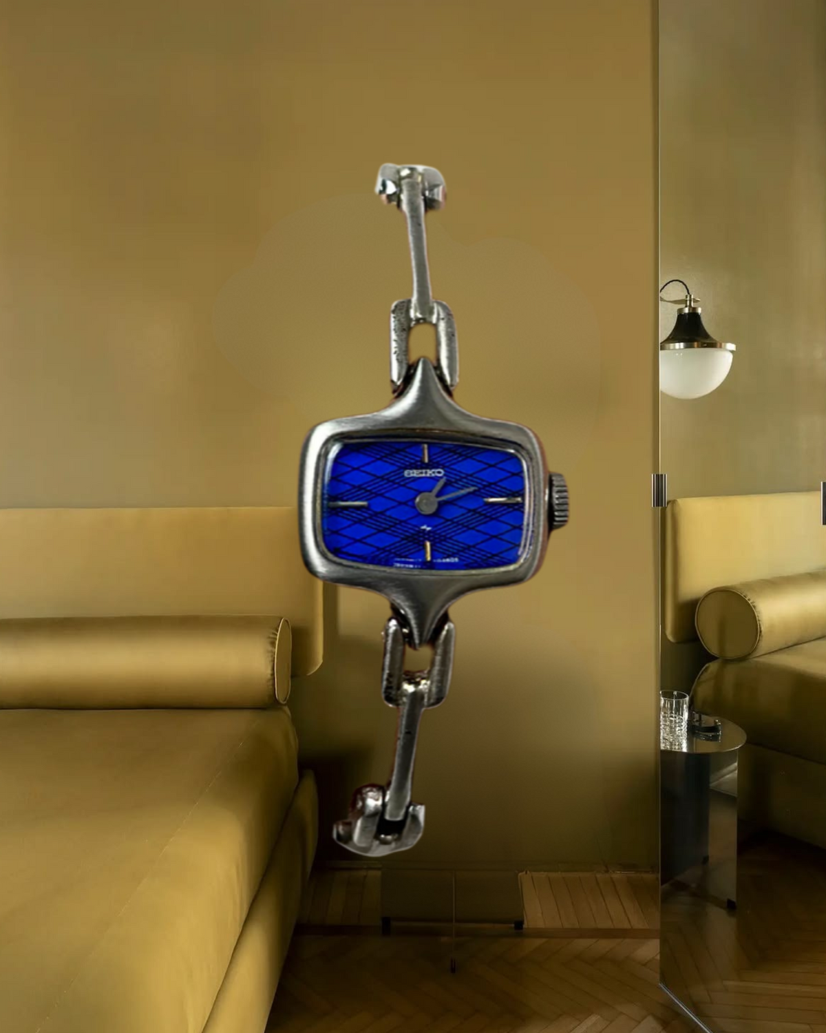 1970s Seiko blue checkered dial silver tone mechanical watch