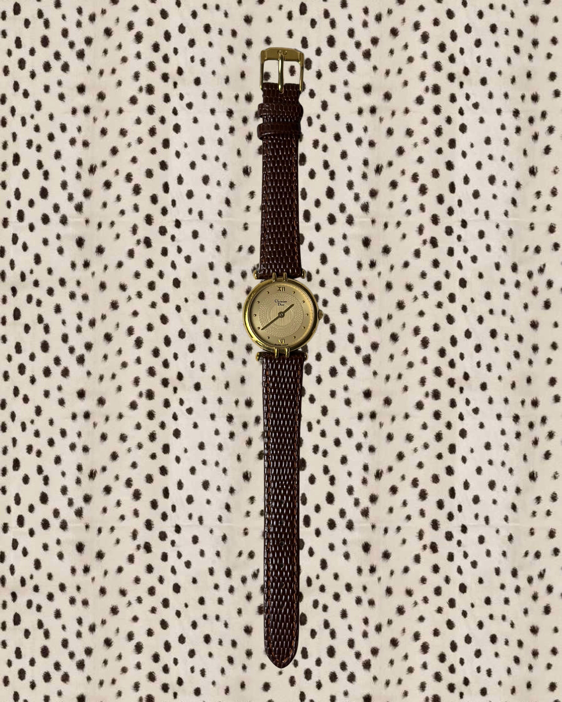 1980s Dior gold-plated brown leather quartz watch