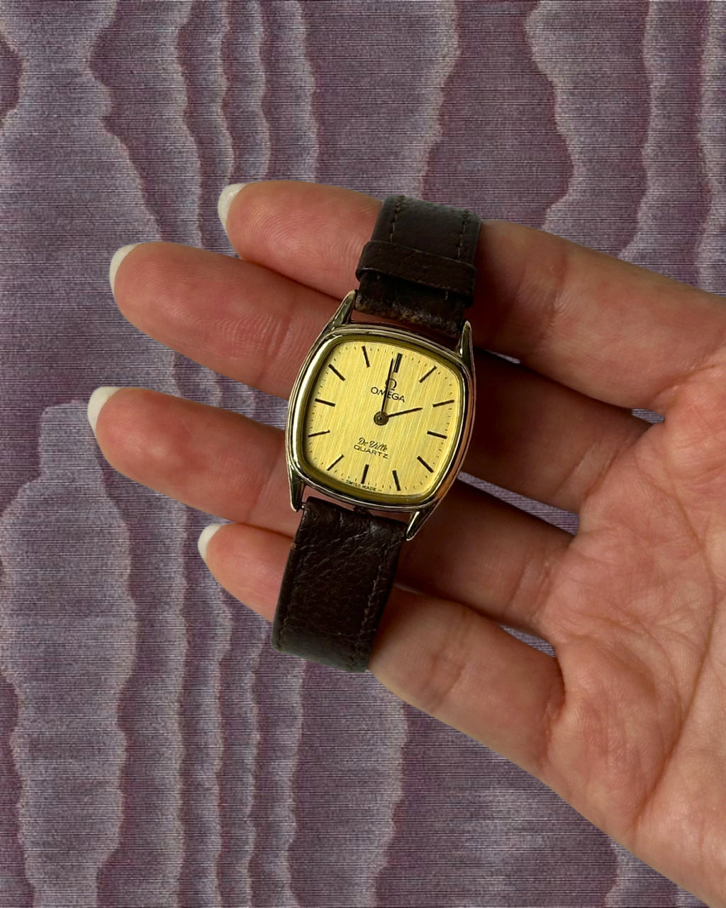 1980s Omega De Ville brown leather quartz watch