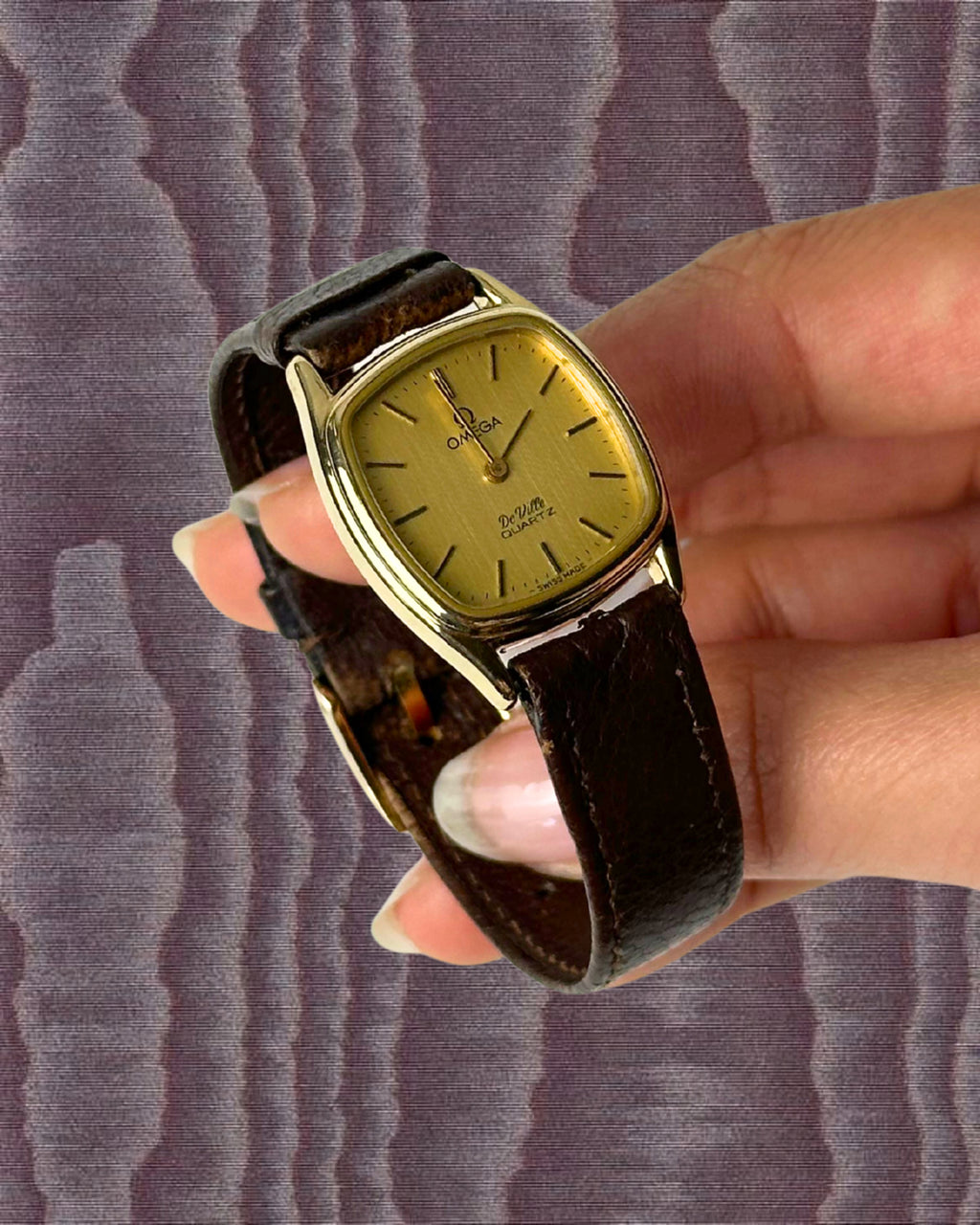 1980s Omega De Ville brown leather quartz watch