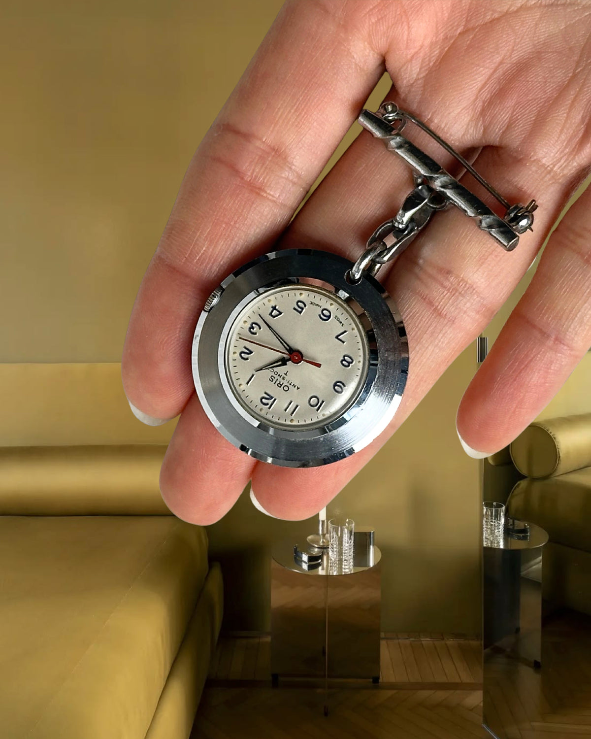1970s Oris silver tone mechanical watch brooch