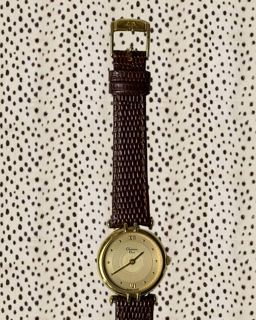 1980s Dior gold-plated brown leather quartz watch