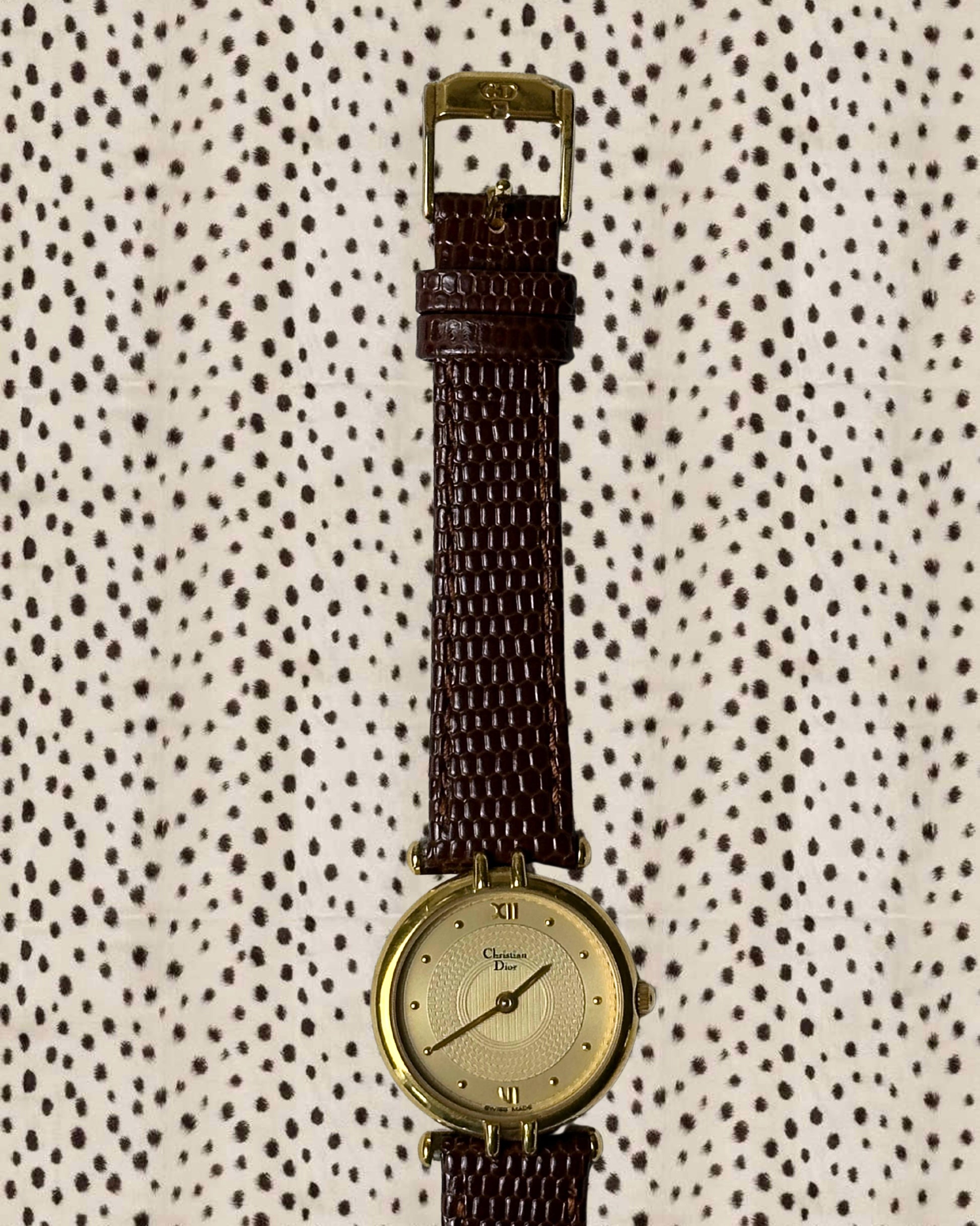 1980s Dior gold-plated brown leather quartz watch