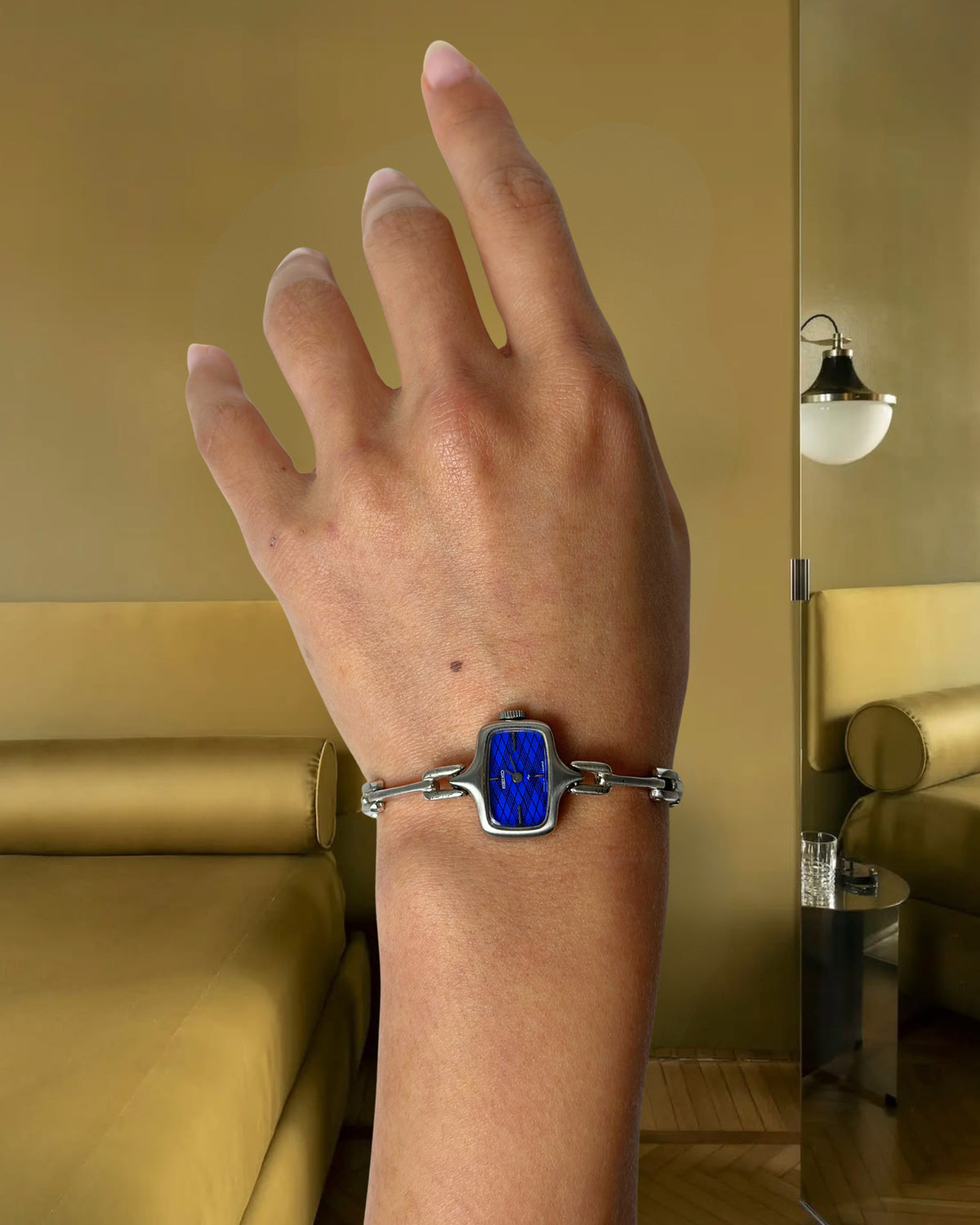 1970s Seiko blue checkered dial silver tone mechanical watch