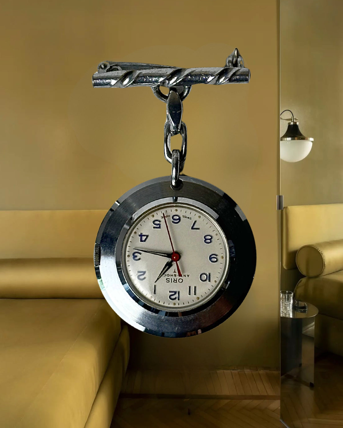1970s Oris silver tone mechanical watch brooch
