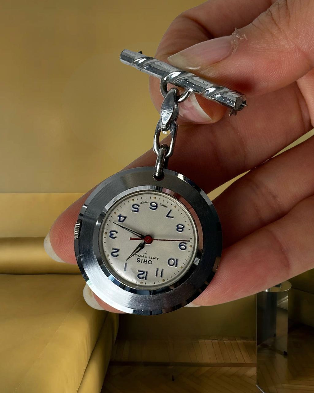 1970s Oris silver tone mechanical watch brooch