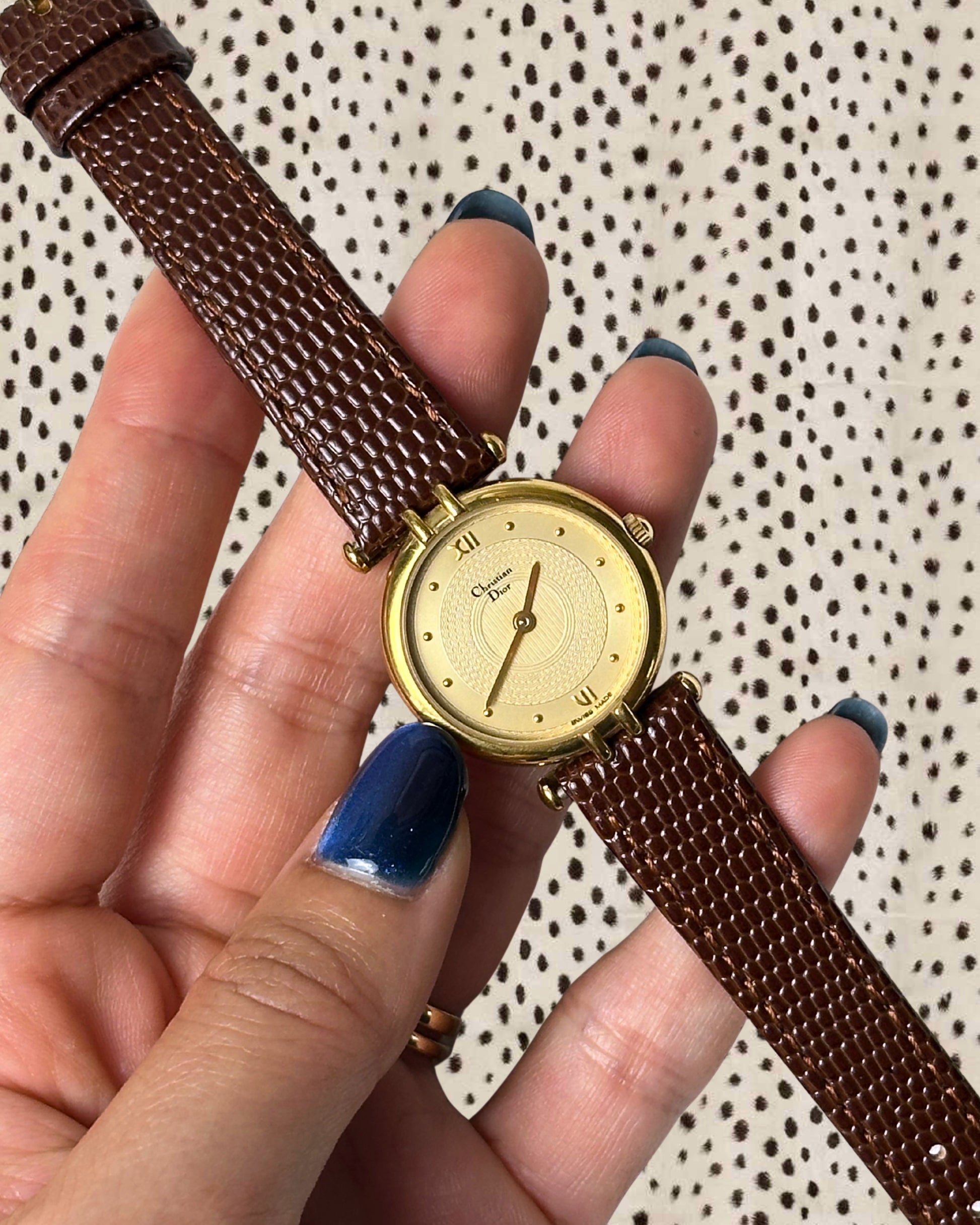 1980s Dior gold-plated brown leather quartz watch