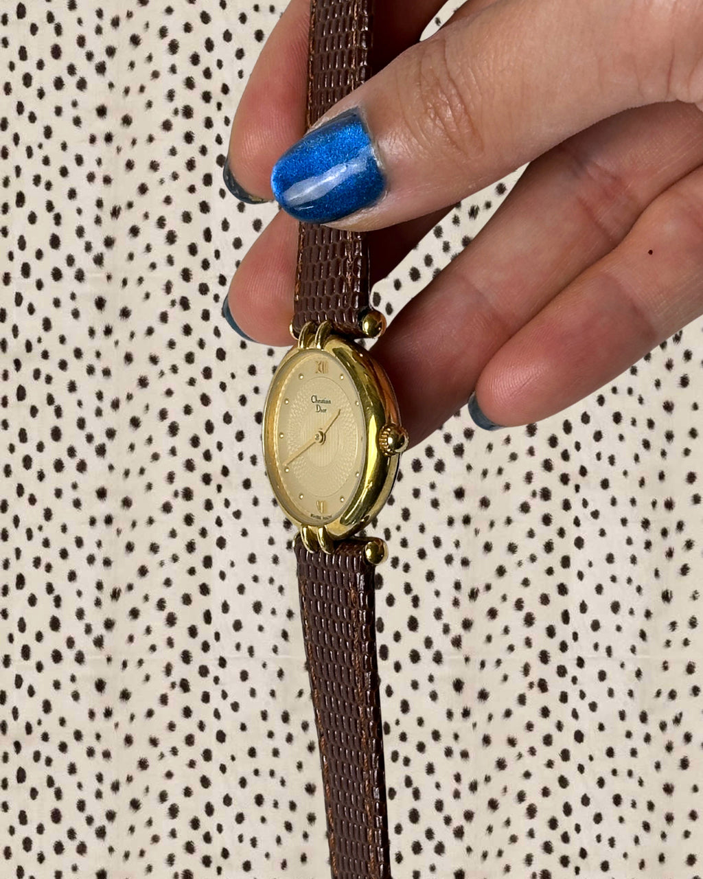1980s Dior gold-plated brown leather quartz watch