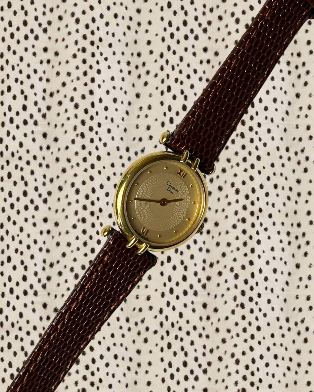 1980s Dior gold-plated brown leather quartz watch