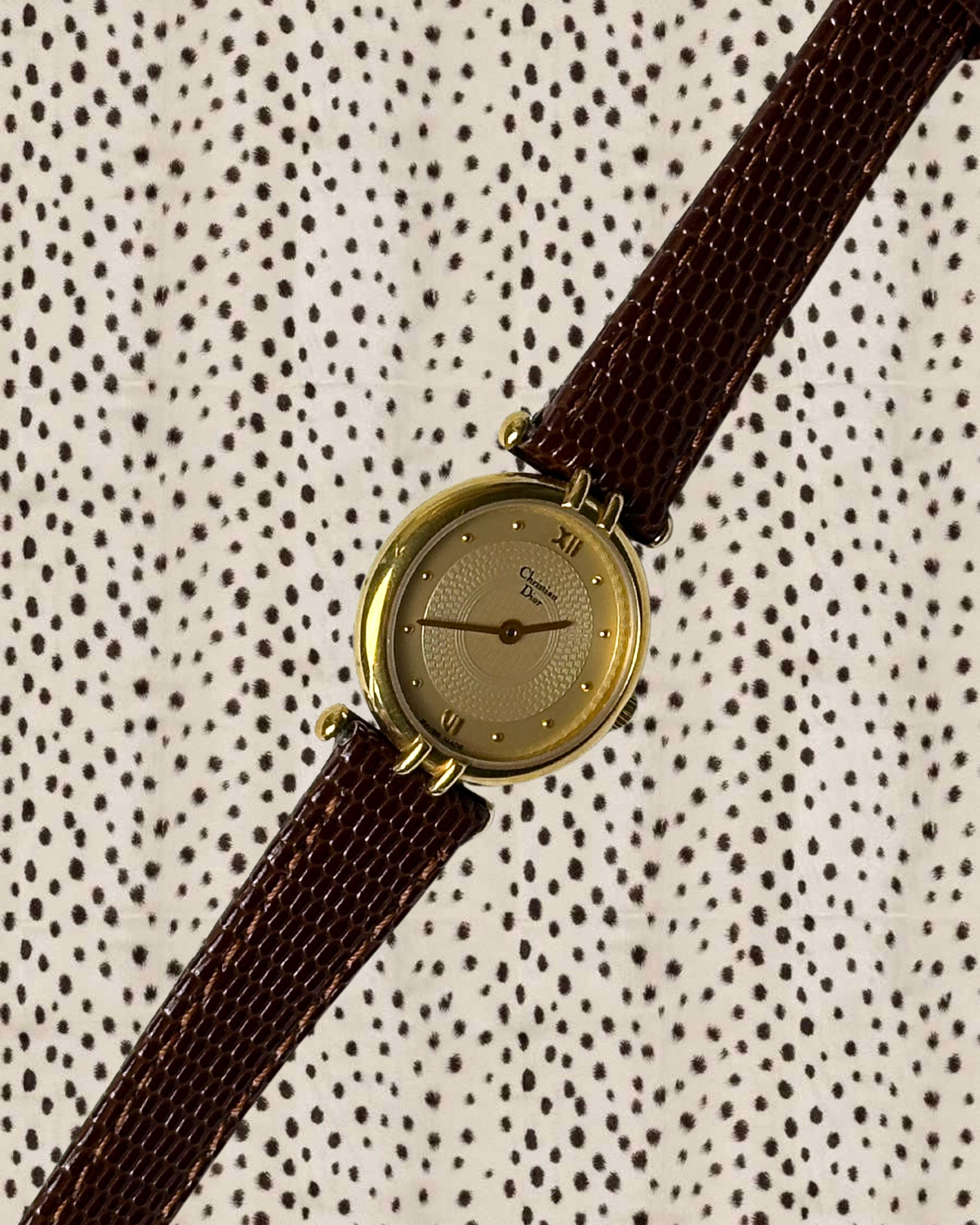 1980s Dior gold-plated brown leather quartz watch
