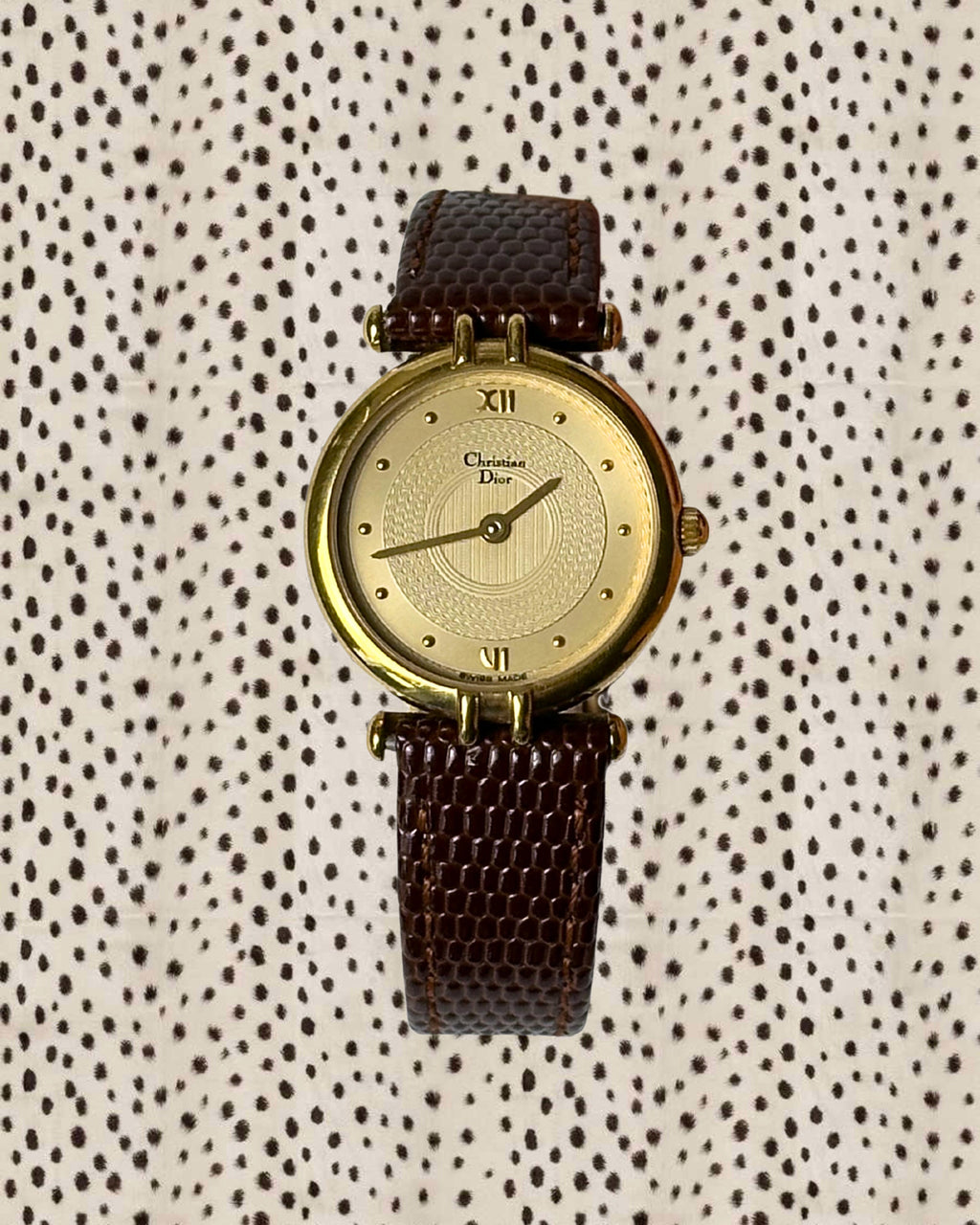 1980s Dior gold-plated brown leather quartz watch