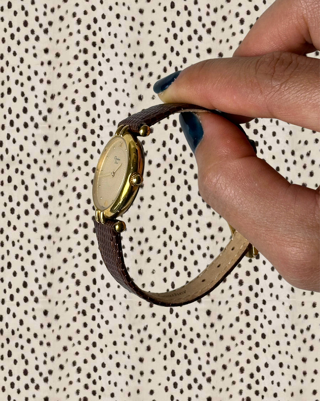 1980s Dior gold-plated brown leather quartz watch