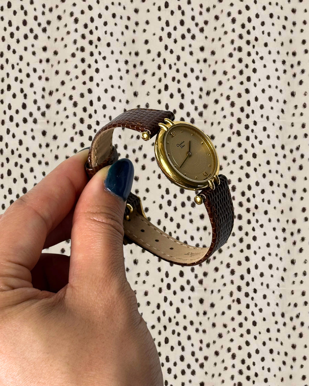 1980s Dior gold-plated brown leather quartz watch