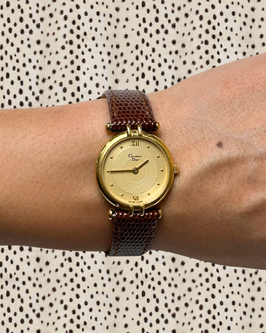 1980s Dior gold-plated brown leather quartz watch