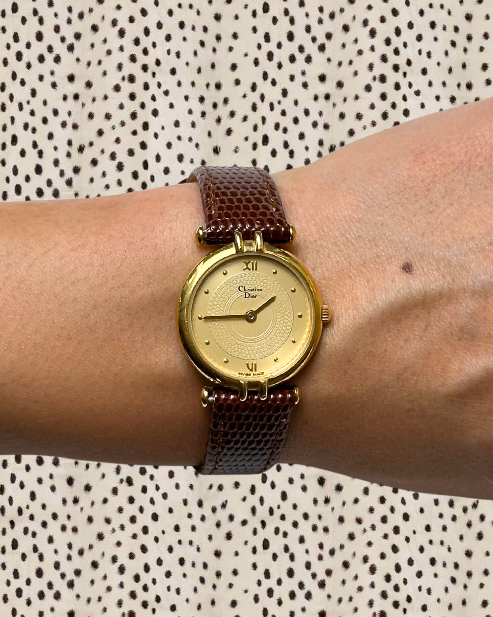 1980s Dior gold-plated brown leather quartz watch