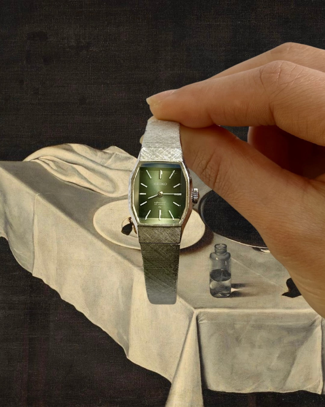 1970s Seiko green dial silver-plated mechanical watch