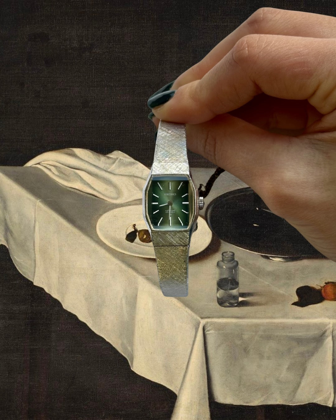 1970s Seiko green dial silver-plated mechanical watch