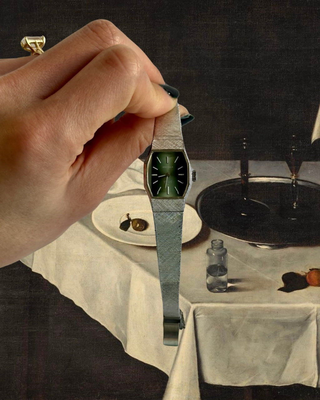 1970s Seiko green dial silver-plated mechanical watch