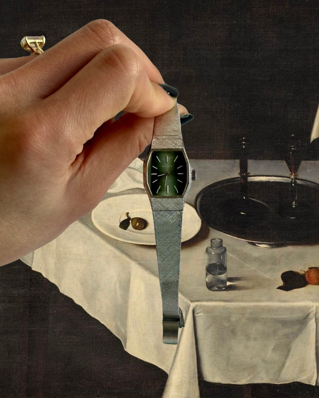 1970s Seiko green dial silver-plated mechanical watch