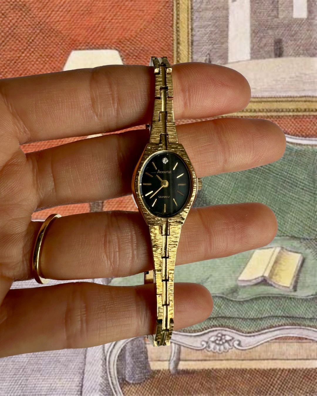 1980s Accurist Black Dial Gold-Plated Slim Quartz Watch