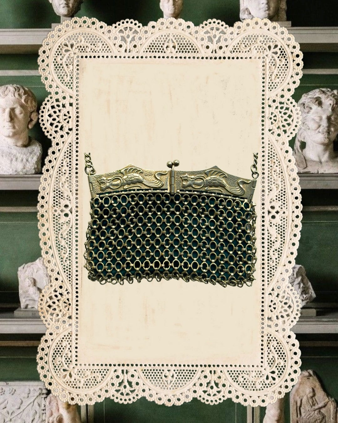 1920s Dragon Silver-Tone Chainmail Evening Bag