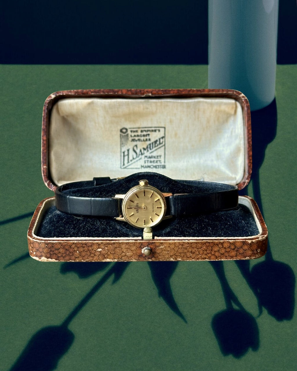 1980s Gradus Gold Round Black Leather Quartz Watch