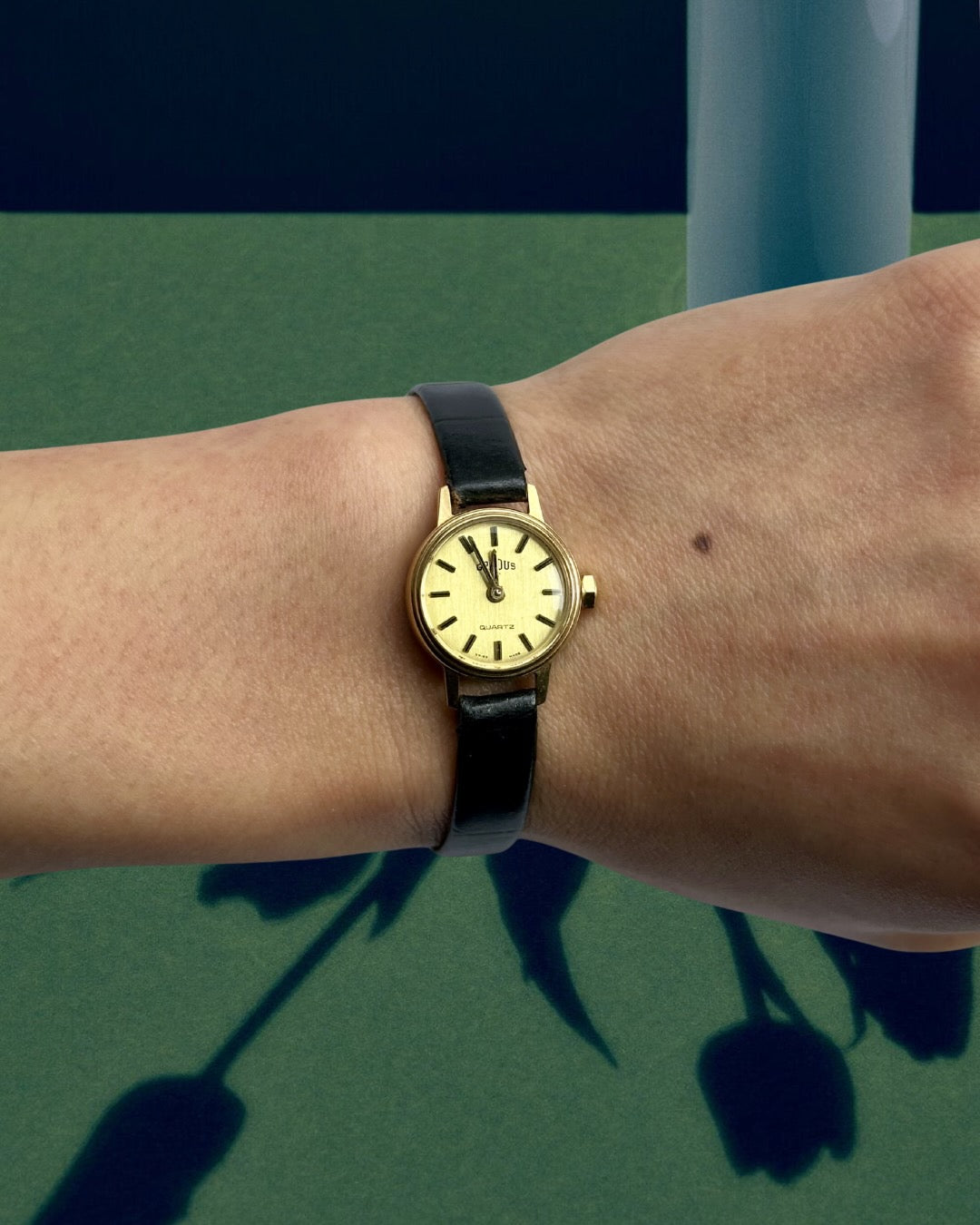 1980s Gradus Gold Round Black Leather Quartz Watch