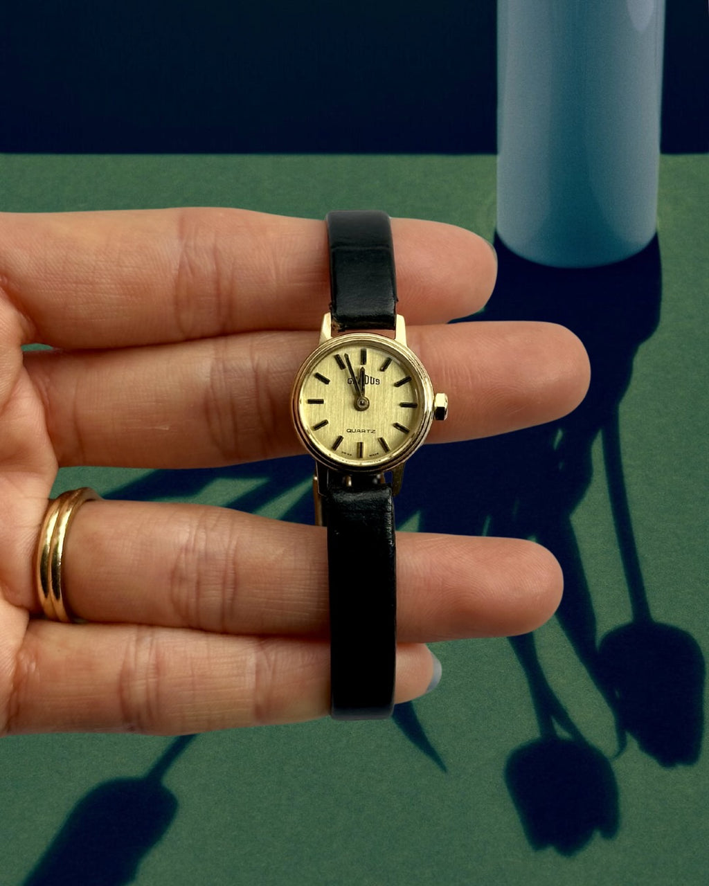 1980s Gradus Gold Round Black Leather Quartz Watch