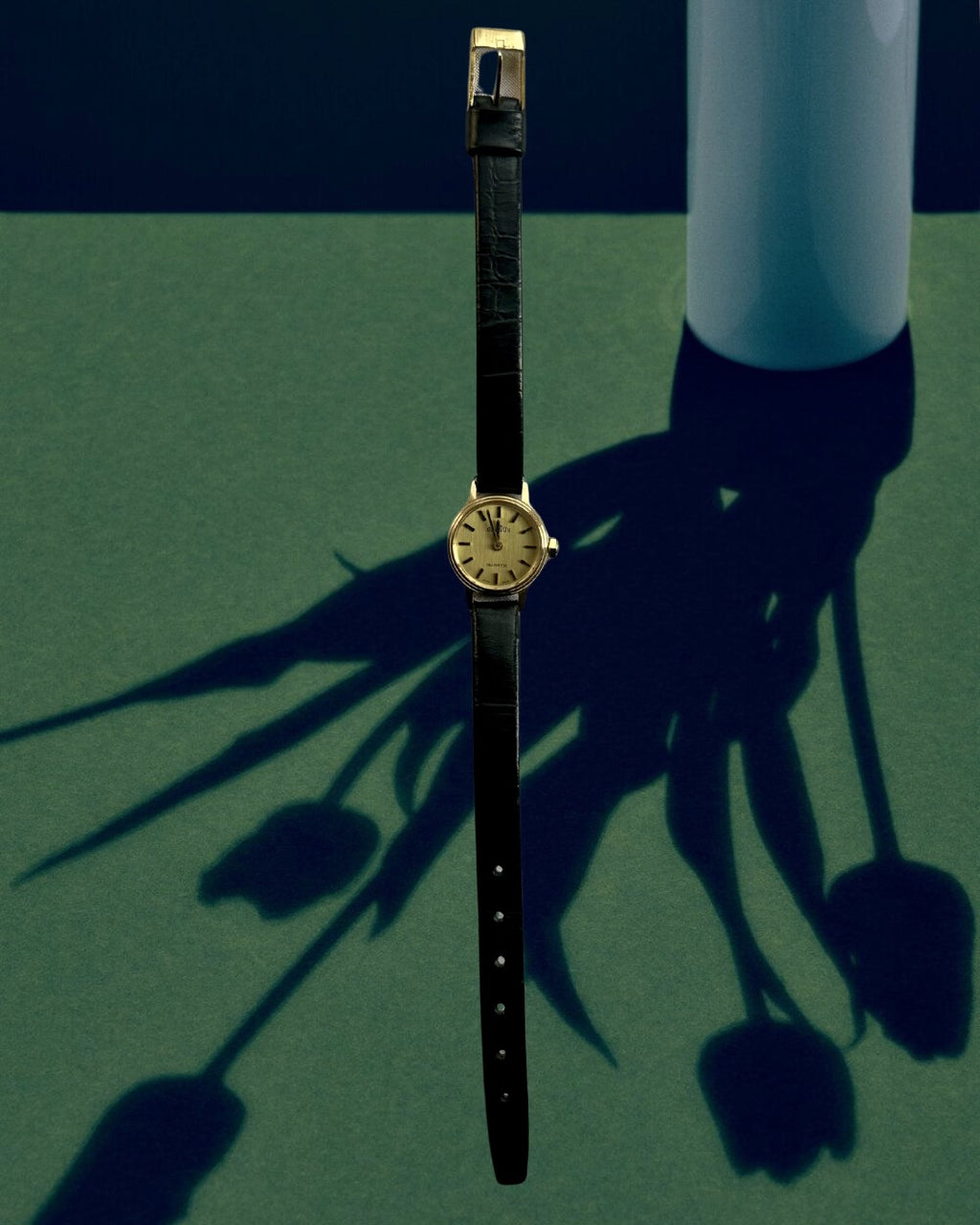 1980s Gradus Gold Round Black Leather Quartz Watch