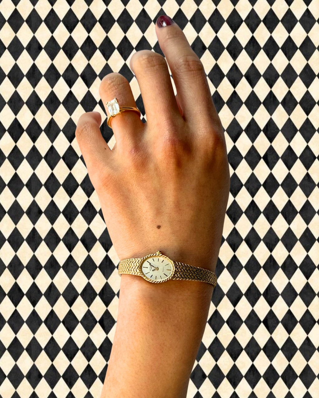 1980s Rotary oval chevron gold plated quartz watch