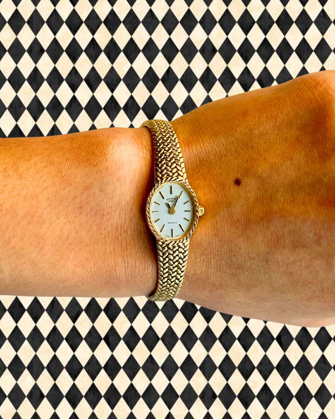 1980s Rotary oval chevron gold plated quartz watch