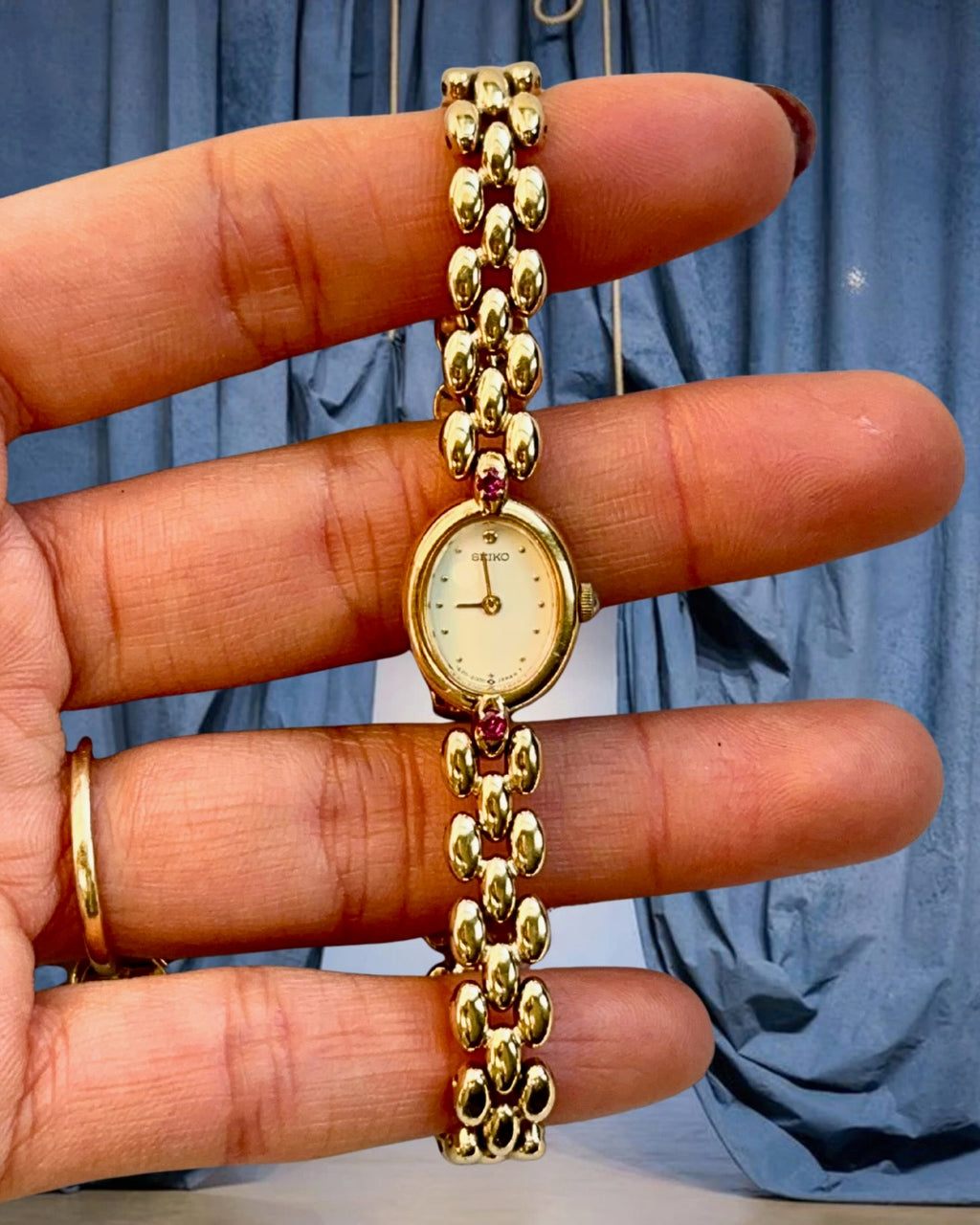 1980s Seiko Ruby Oval Gold-Plated Quartz Watch