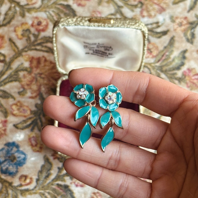 Vintage peacock green flower drop clip-on earrings