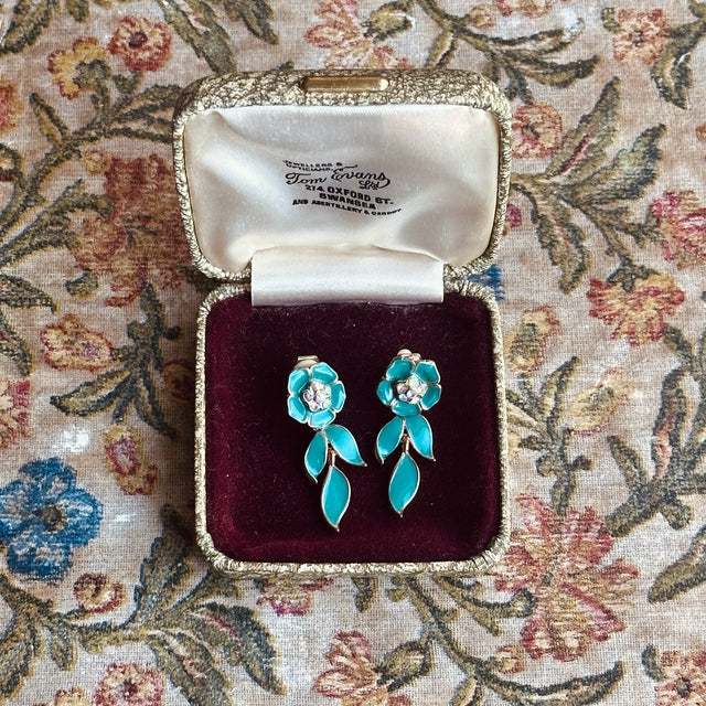 Vintage peacock green flower drop clip-on earrings