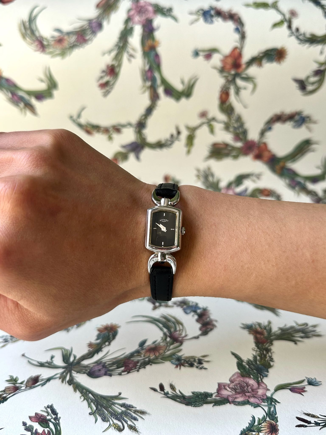 1990s Rotary silver tone black leather quartz watch