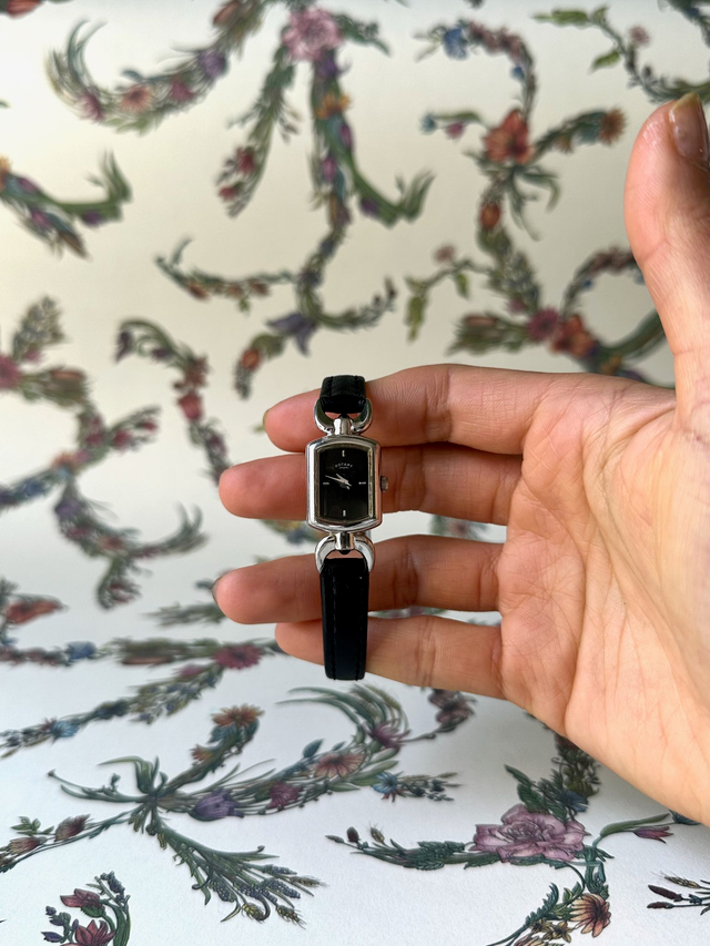 1990s Rotary silver tone black leather quartz watch