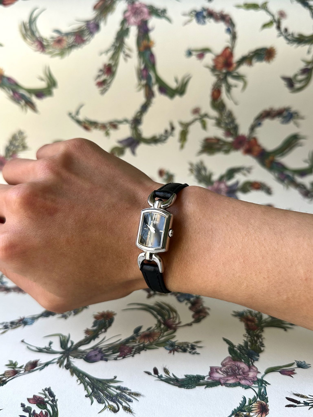 1990s Rotary silver tone black leather quartz watch