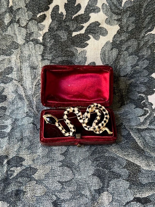 Vintage Black and White Enamel Snake Brooch