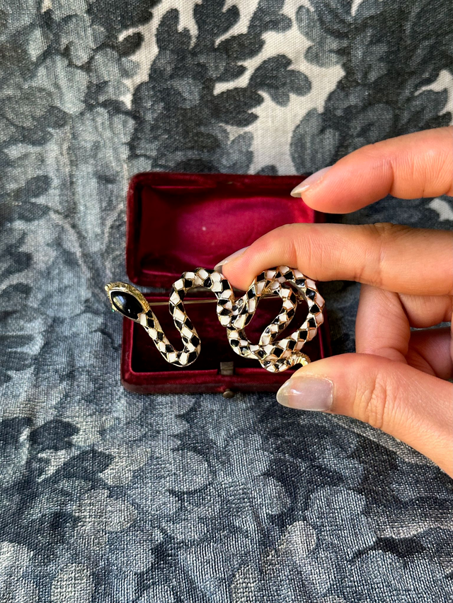 Vintage Black and White Enamel Snake Brooch