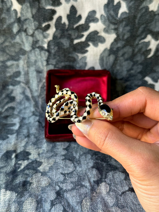 Vintage Black and White Enamel Snake Brooch