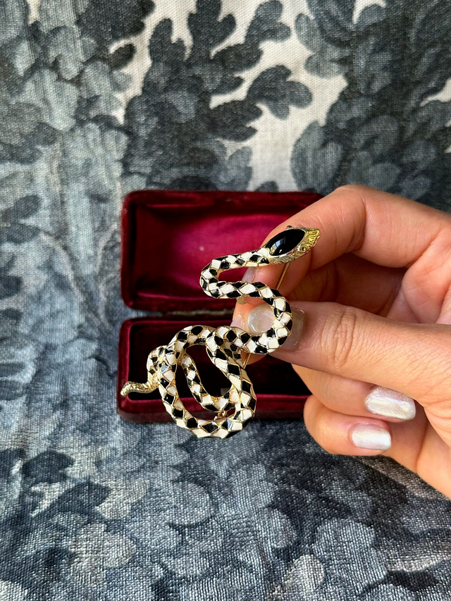 Vintage Black and White Enamel Snake Brooch