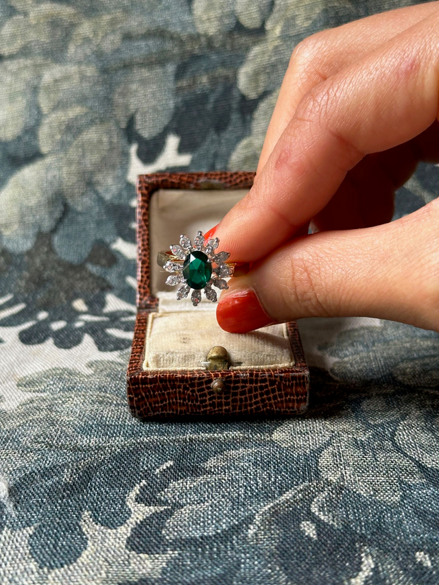 Vintage green stone halo ring