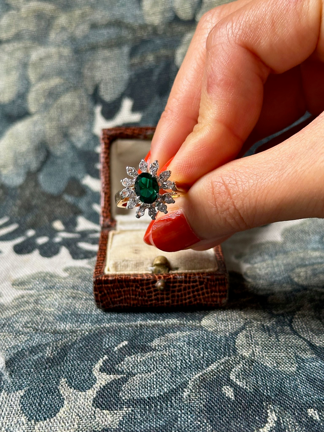 Vintage green stone halo ring