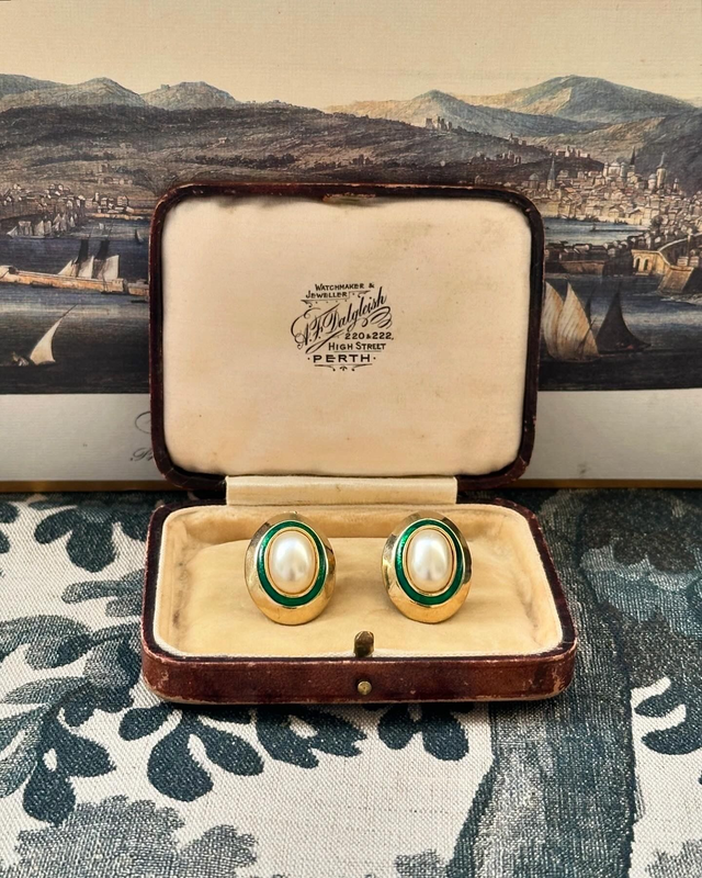 Vintage green striped faux pearl clip-on earrings