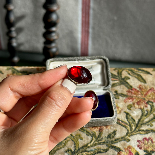 Vintage oval red cabochon clip-on earrings