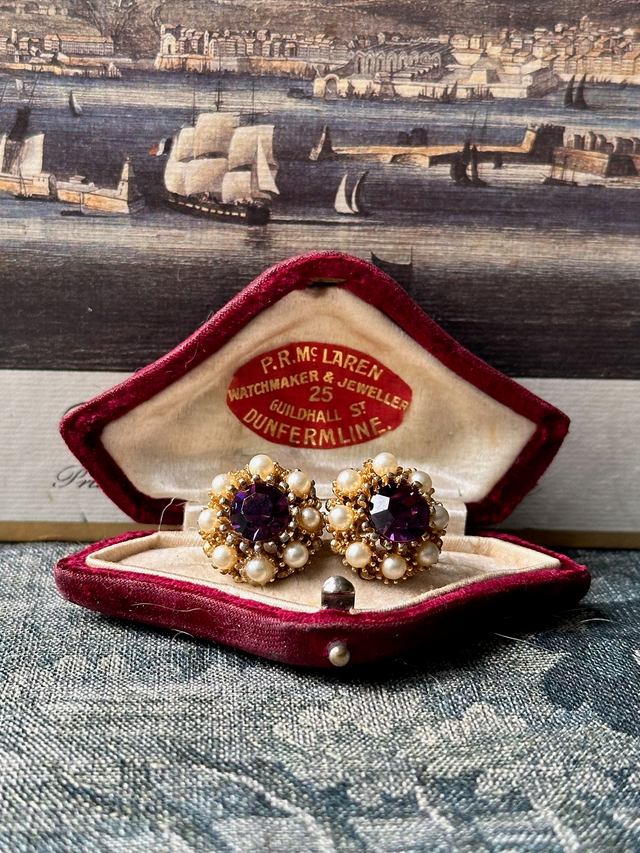 Vintage purple stone and pearl clip-on earrings